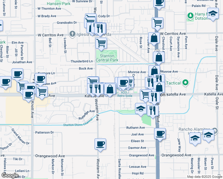 map of restaurants, bars, coffee shops, grocery stores, and more near 10905 Date Street in Stanton