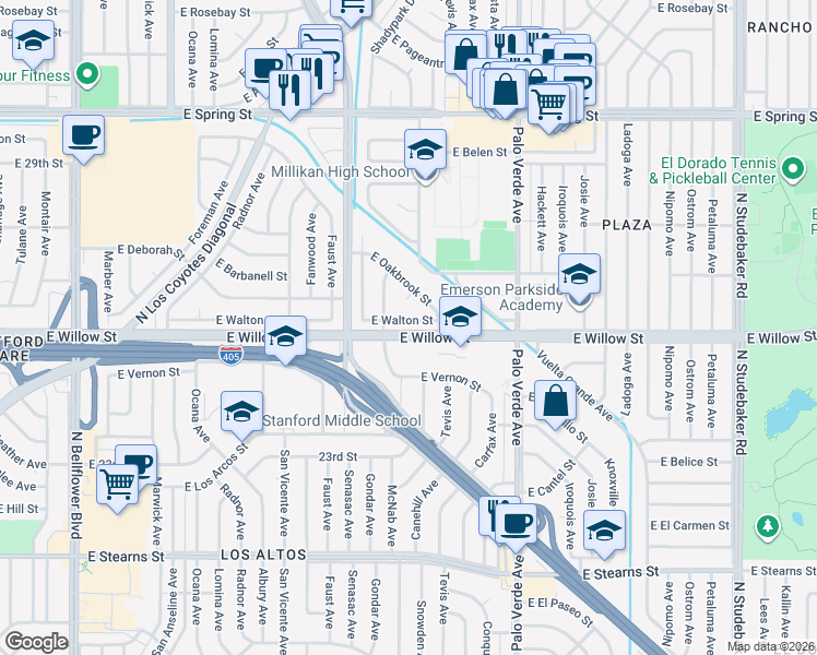 map of restaurants, bars, coffee shops, grocery stores, and more near 6156 East Oakbrook Street in Long Beach