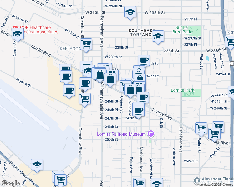 map of restaurants, bars, coffee shops, grocery stores, and more near 2315 Lomita Boulevard in Lomita