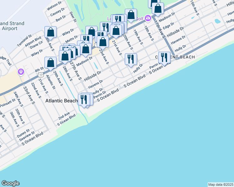 map of restaurants, bars, coffee shops, grocery stores, and more near 2400 South Ocean Boulevard in North Myrtle Beach