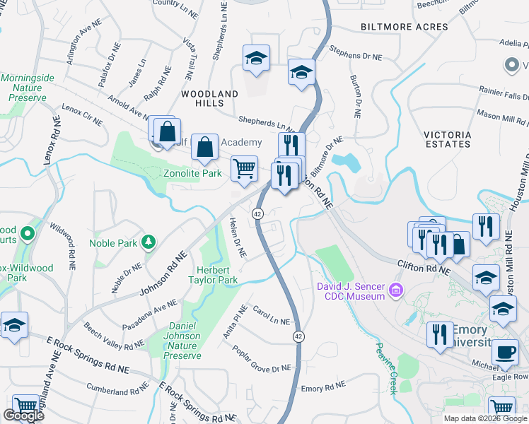 map of restaurants, bars, coffee shops, grocery stores, and more near 1799 Old Briarcliff Road Northeast in Atlanta