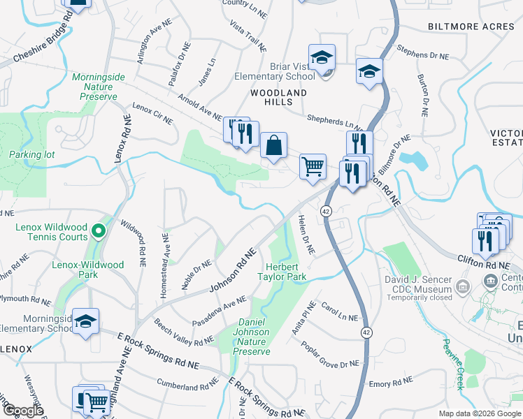 map of restaurants, bars, coffee shops, grocery stores, and more near 1401 Dalon Road Northeast in Atlanta