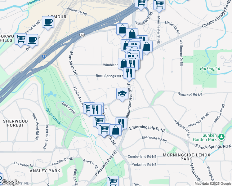 map of restaurants, bars, coffee shops, grocery stores, and more near 565 Allen Road Northeast in Atlanta