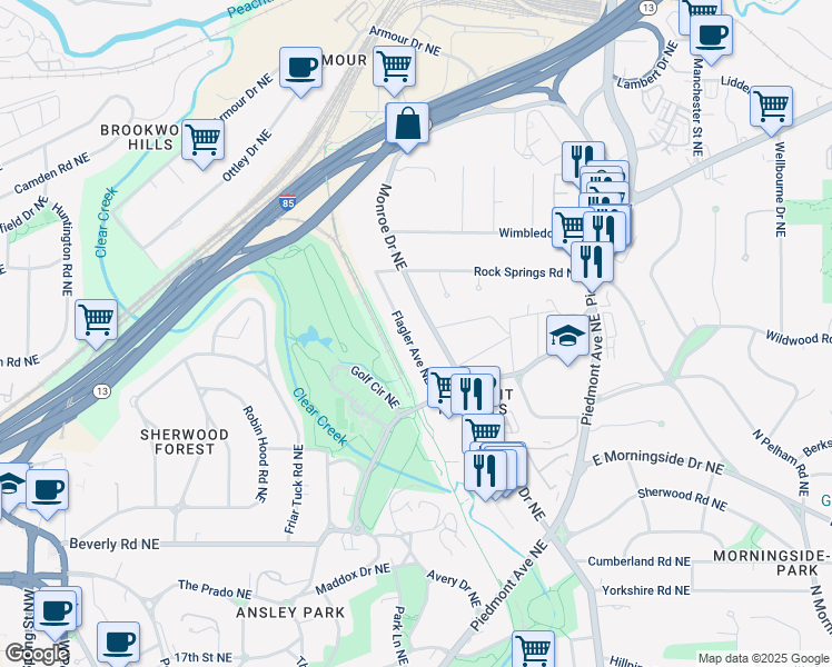 map of restaurants, bars, coffee shops, grocery stores, and more near 1781 Flagler Avenue Northeast in Atlanta
