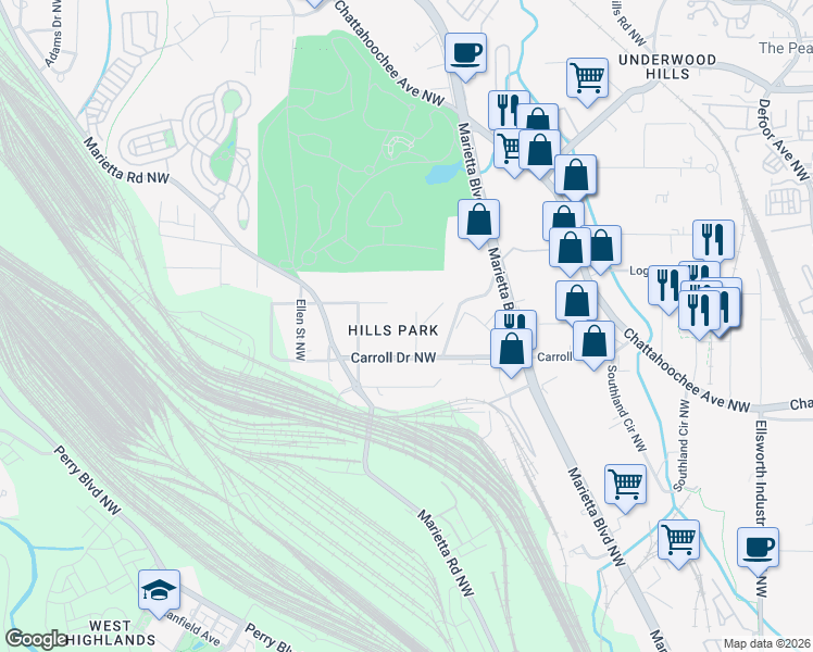 map of restaurants, bars, coffee shops, grocery stores, and more near 1680 Wenlock Street Northwest in Atlanta