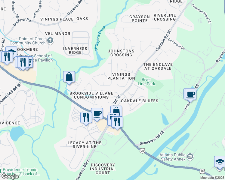 map of restaurants, bars, coffee shops, grocery stores, and more near 6058 Farmwood Way Southeast in Mableton