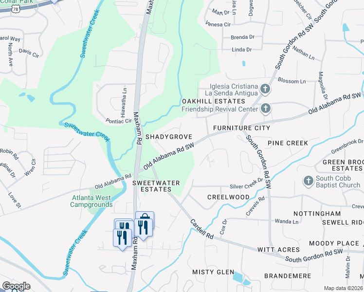 map of restaurants, bars, coffee shops, grocery stores, and more near 6183 Shadygrove Ridge Southwest in Austell