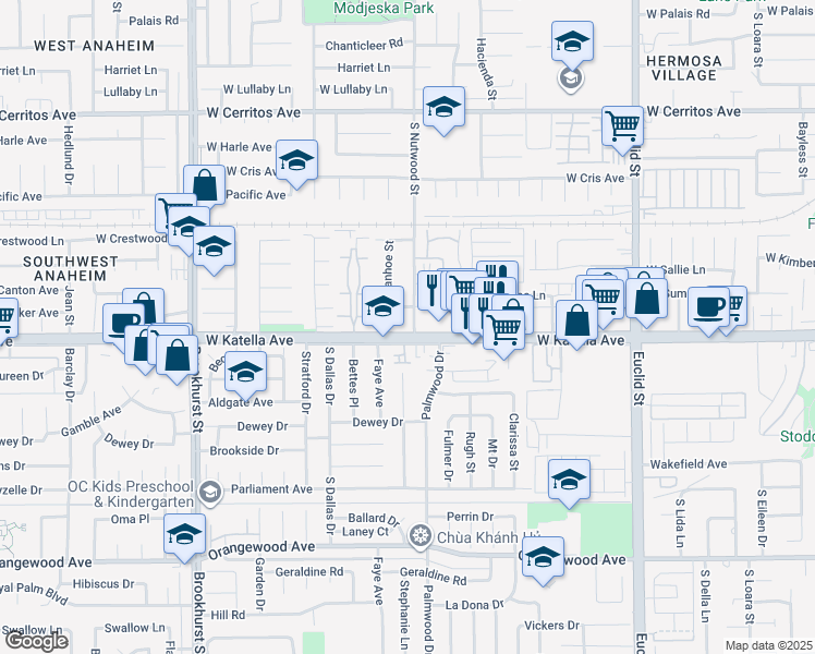 map of restaurants, bars, coffee shops, grocery stores, and more near 1747 South Nutwood Street in Anaheim