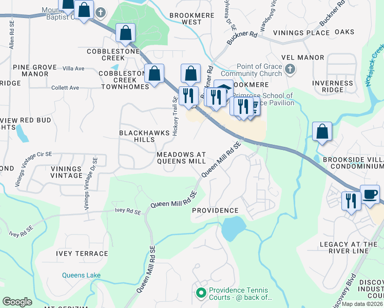 map of restaurants, bars, coffee shops, grocery stores, and more near 883 Brickleridge Ln SE in Mableton