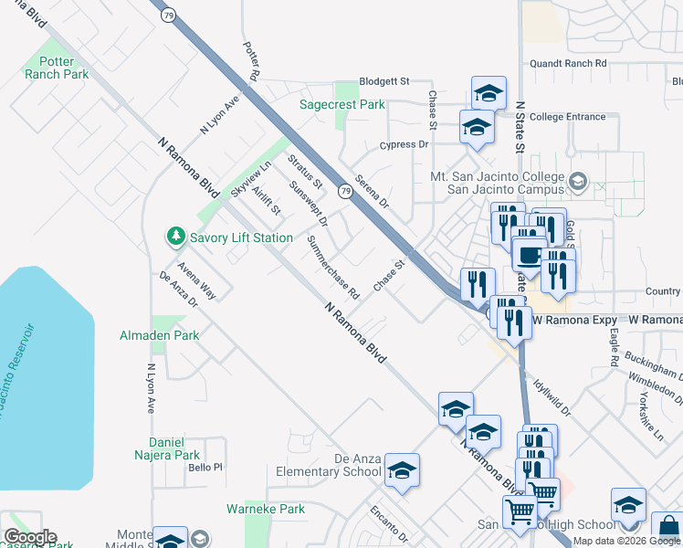 map of restaurants, bars, coffee shops, grocery stores, and more near 1331 Summerchase Road in San Jacinto