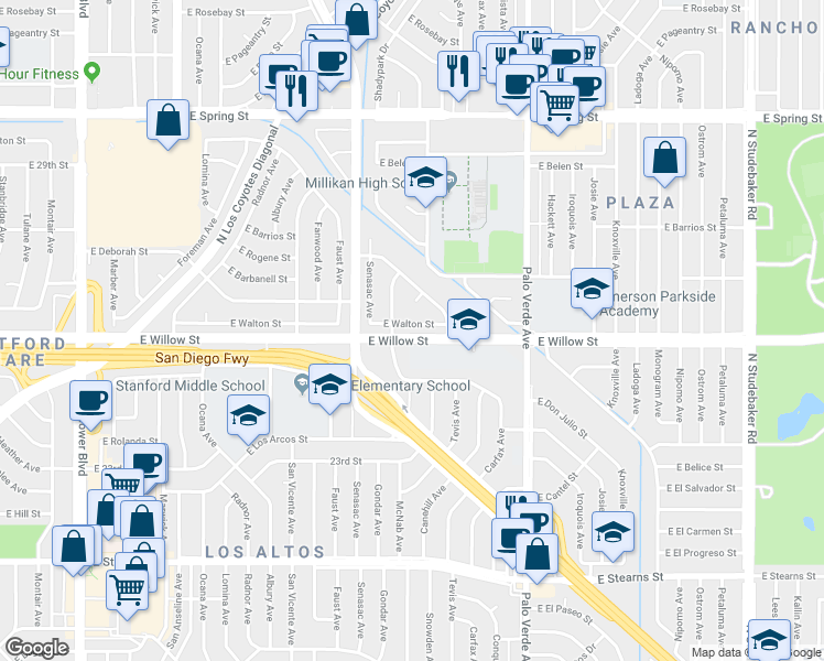 map of restaurants, bars, coffee shops, grocery stores, and more near 6110 East Walton Street in Long Beach