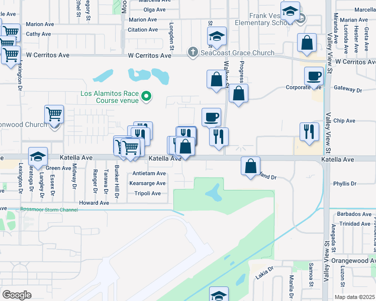 map of restaurants, bars, coffee shops, grocery stores, and more near 5353 Katella Avenue in Los Alamitos