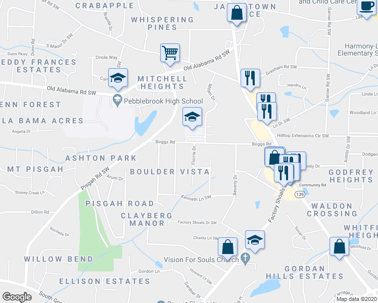 map of restaurants, bars, coffee shops, grocery stores, and more near 737 Boggs Road in Mableton