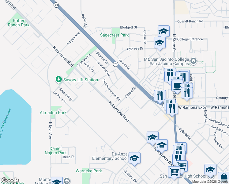 map of restaurants, bars, coffee shops, grocery stores, and more near 1331 Summerchase Road in San Jacinto