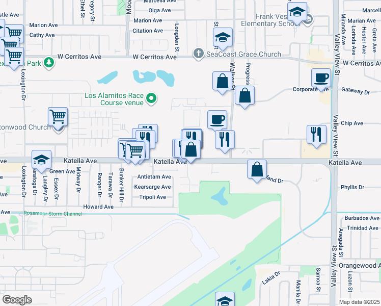 map of restaurants, bars, coffee shops, grocery stores, and more near 5353 Katella Avenue in Los Alamitos