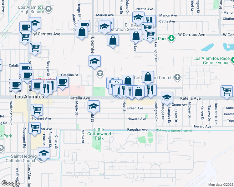 map of restaurants, bars, coffee shops, grocery stores, and more near 10928 Portal Drive in Los Alamitos