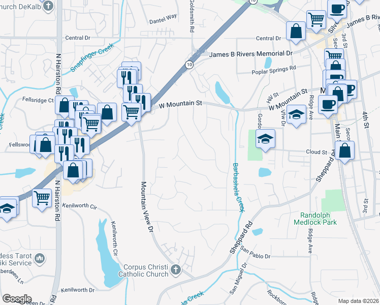map of restaurants, bars, coffee shops, grocery stores, and more near 874 Meadow Rock Dr in Stone Mountain