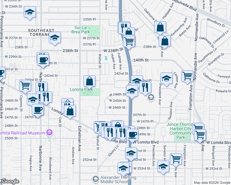 map of restaurants, bars, coffee shops, grocery stores, and more near 1767 West 244th Street in Torrance