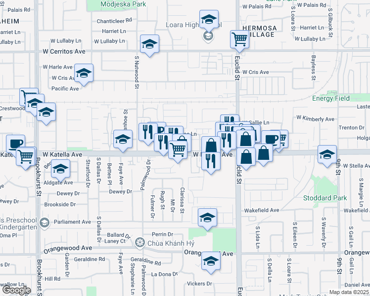 map of restaurants, bars, coffee shops, grocery stores, and more near 1812 West Sumac Lane in Anaheim