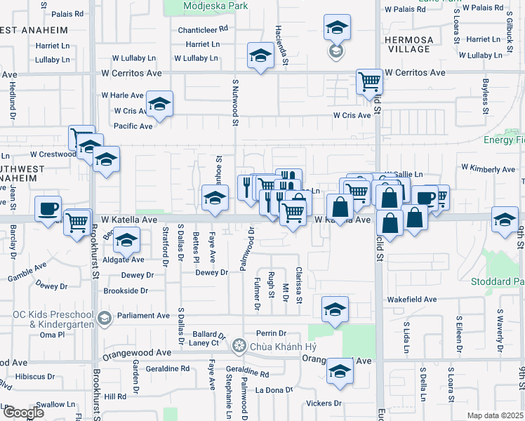 map of restaurants, bars, coffee shops, grocery stores, and more near 1731 South Easy Way in Anaheim