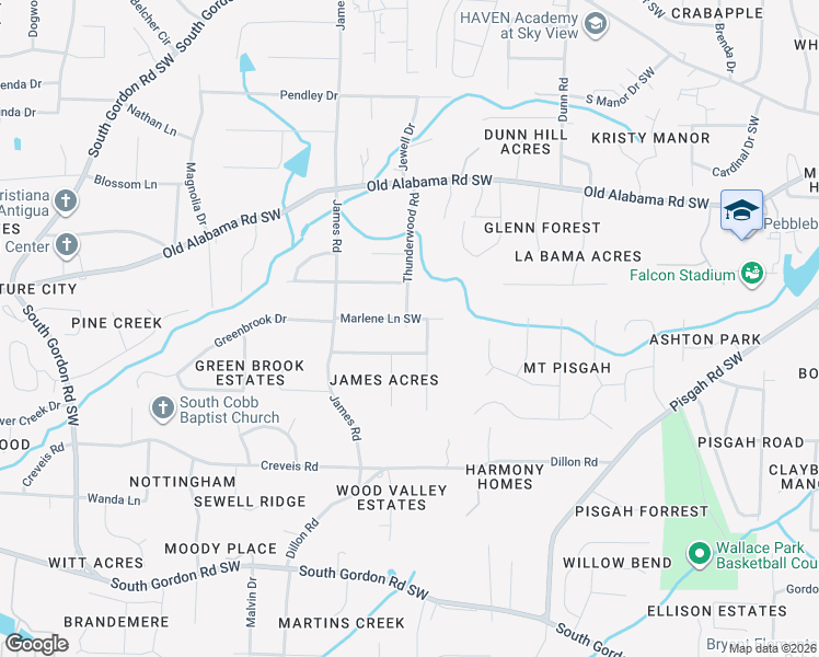 map of restaurants, bars, coffee shops, grocery stores, and more near 1397 Marlene Lane Southwest in Mableton
