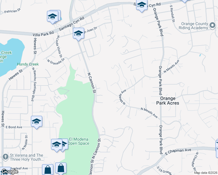 map of restaurants, bars, coffee shops, grocery stores, and more near 10951 North Meads Avenue in Orange