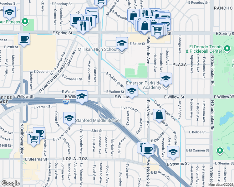 map of restaurants, bars, coffee shops, grocery stores, and more near 6156 East Oakbrook Street in Long Beach