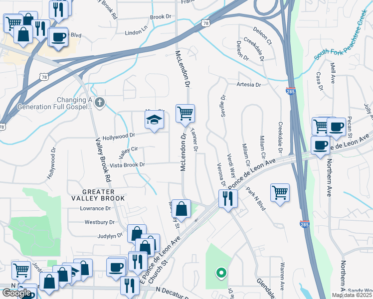 map of restaurants, bars, coffee shops, grocery stores, and more near 885 McLendon Drive in Scottdale