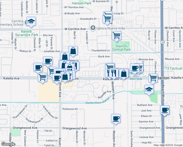map of restaurants, bars, coffee shops, grocery stores, and more near 7271 Katella Avenue in Stanton