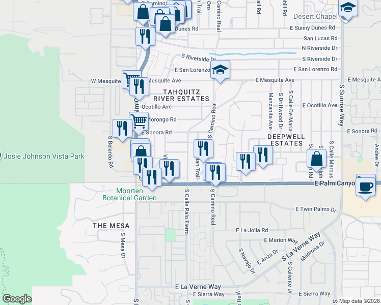 map of restaurants, bars, coffee shops, grocery stores, and more near 1560 South Calle Palo Fierro in Palm Springs
