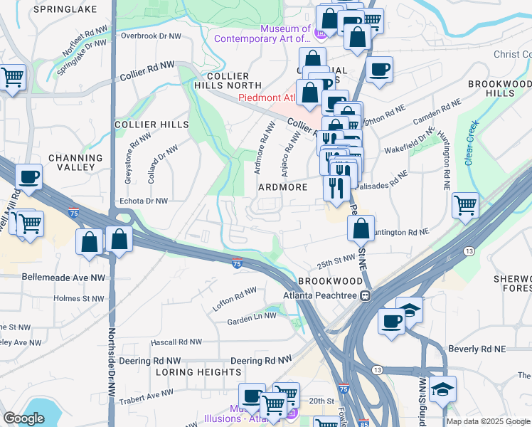 map of restaurants, bars, coffee shops, grocery stores, and more near 323 Ardmore Circle Northwest in Atlanta