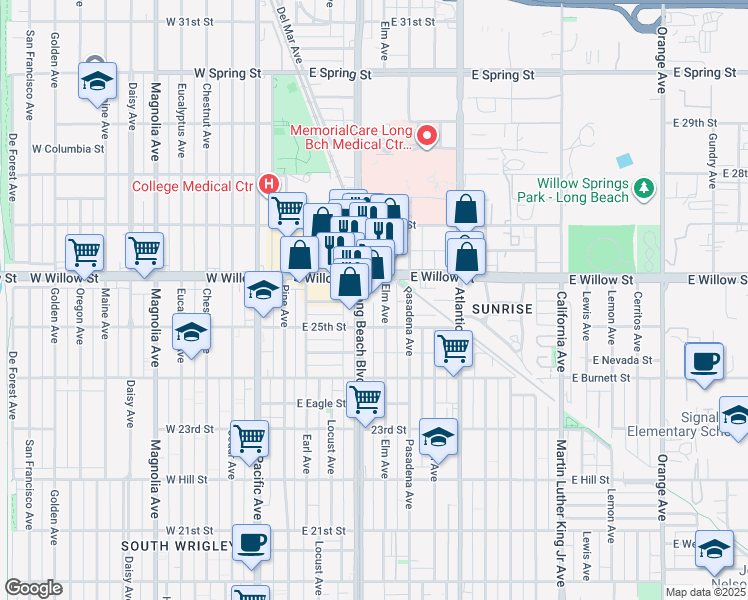 map of restaurants, bars, coffee shops, grocery stores, and more near 400 East Willow Street in Long Beach