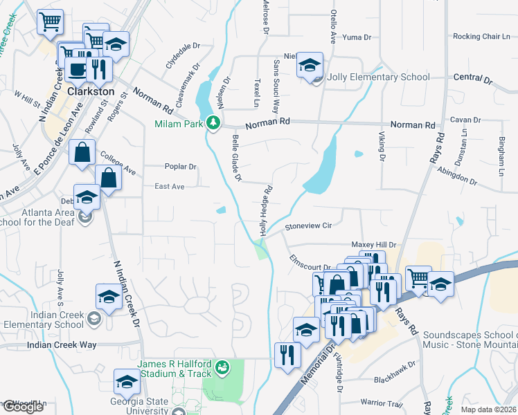 map of restaurants, bars, coffee shops, grocery stores, and more near 3908 Greystone Court West in Stone Mountain