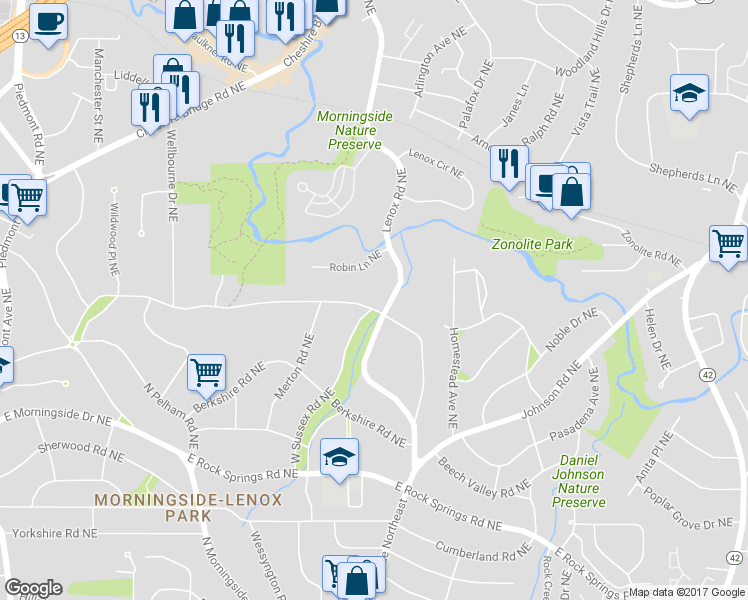 map of restaurants, bars, coffee shops, grocery stores, and more near 1790 Lenox Road Northeast in Atlanta
