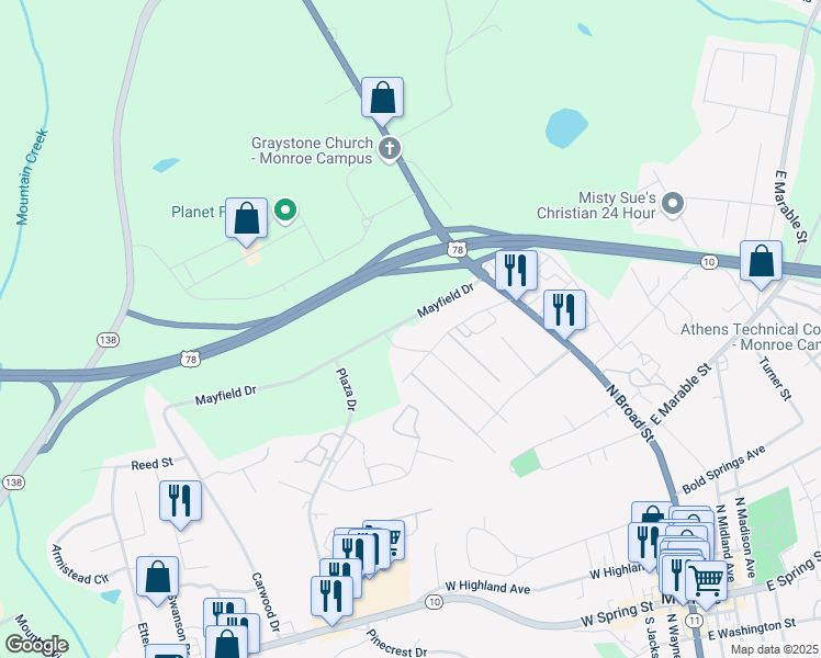 map of restaurants, bars, coffee shops, grocery stores, and more near 219 Mayfield Drive in Monroe