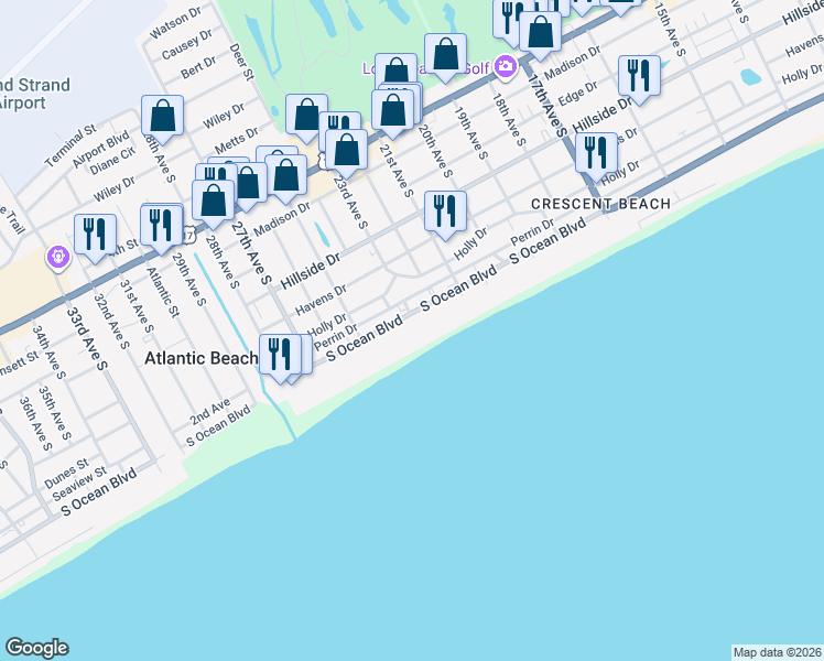 map of restaurants, bars, coffee shops, grocery stores, and more near 2209 South Ocean Boulevard in North Myrtle Beach