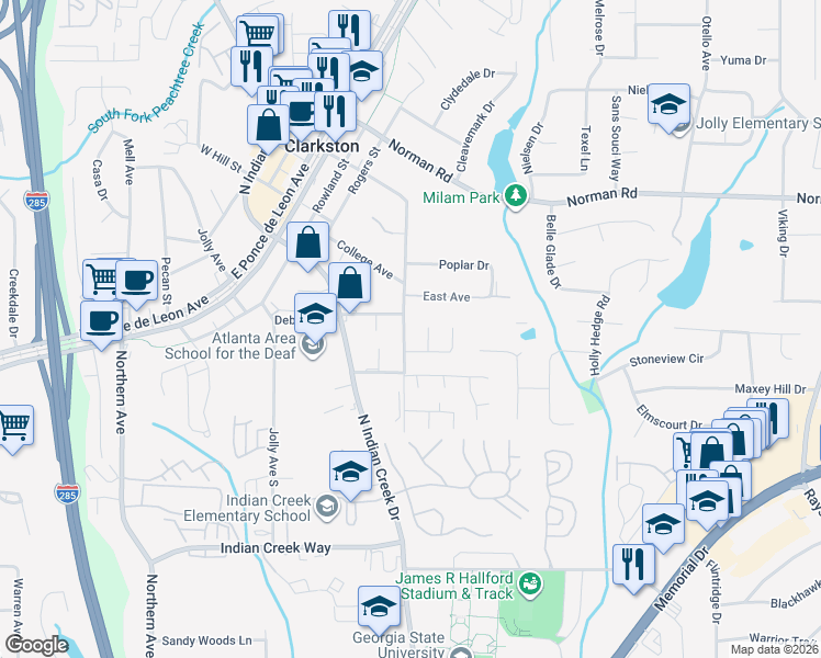 map of restaurants, bars, coffee shops, grocery stores, and more near 882 Market Way in Clarkston