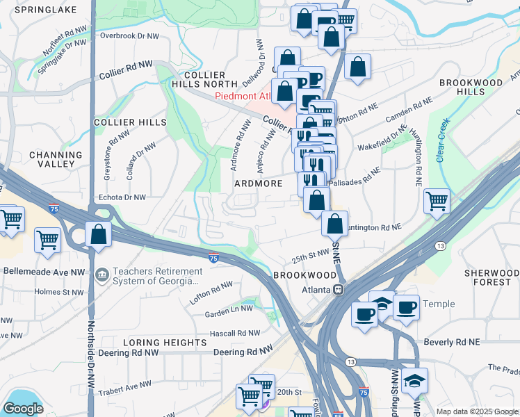map of restaurants, bars, coffee shops, grocery stores, and more near 306 Ardmore Circle Northwest in Atlanta