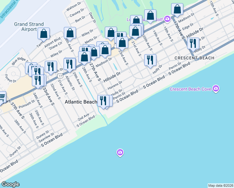 map of restaurants, bars, coffee shops, grocery stores, and more near 2502 Holly Drive in North Myrtle Beach