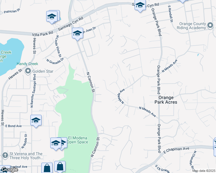 map of restaurants, bars, coffee shops, grocery stores, and more near 10951 North Meads Avenue in Orange