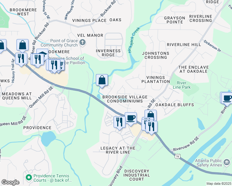 map of restaurants, bars, coffee shops, grocery stores, and more near 400 Brookside Industrial Boulevard in Mableton
