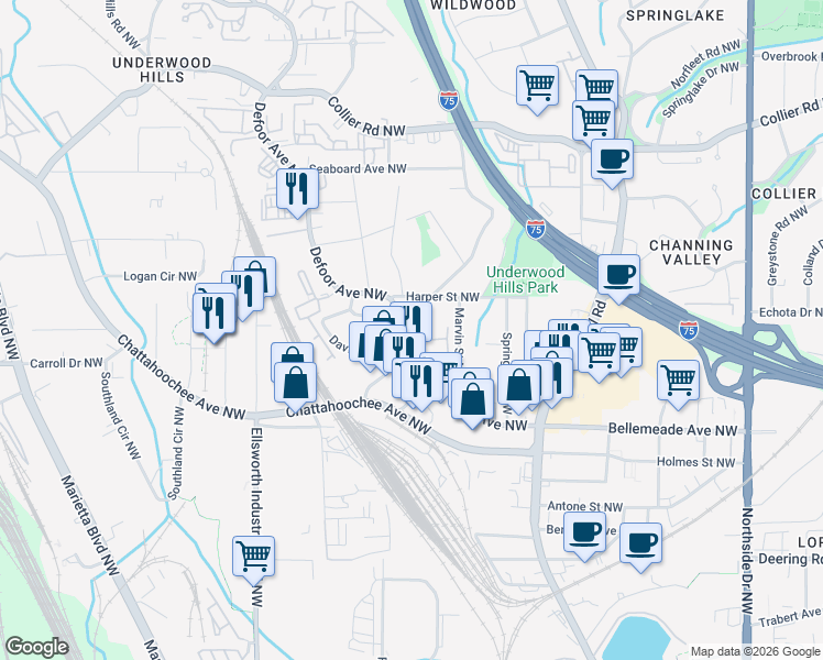 map of restaurants, bars, coffee shops, grocery stores, and more near 1767 Defoor Avenue Northwest in Atlanta