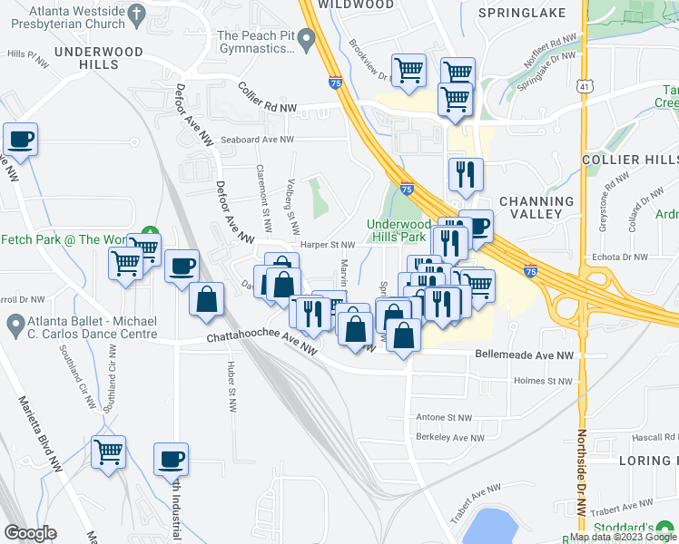 map of restaurants, bars, coffee shops, grocery stores, and more near 1802 Defoors Landing Northwest in Atlanta