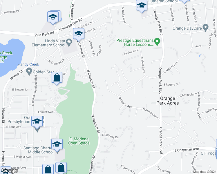 map of restaurants, bars, coffee shops, grocery stores, and more near 10951 North Meads Avenue in Orange