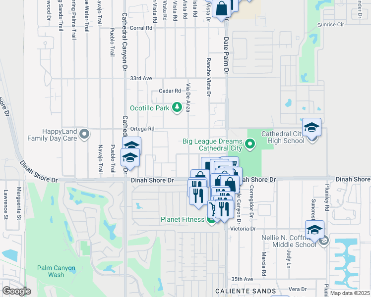 map of restaurants, bars, coffee shops, grocery stores, and more near 33665 Via De Anza in Cathedral City
