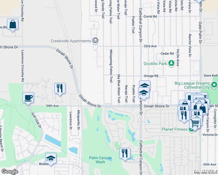 map of restaurants, bars, coffee shops, grocery stores, and more near 33640 Shifting Sands Trail in Cathedral City