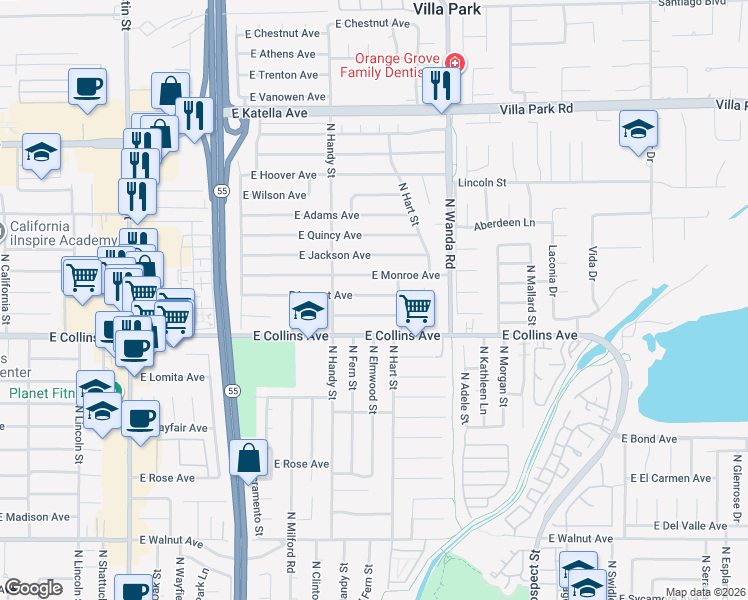 map of restaurants, bars, coffee shops, grocery stores, and more near 2637 East Locust Avenue in Orange
