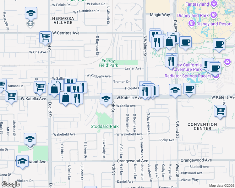 map of restaurants, bars, coffee shops, grocery stores, and more near 1764 South Strathmore Place in Anaheim