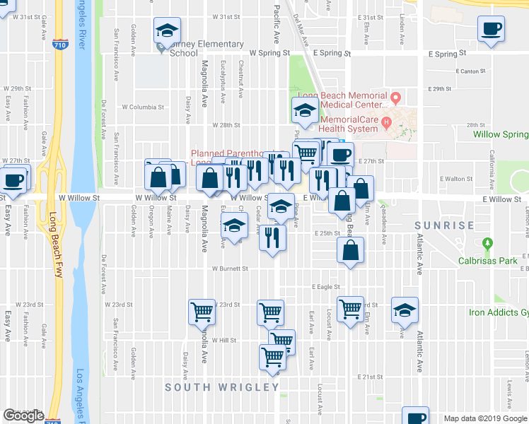 map of restaurants, bars, coffee shops, grocery stores, and more near in Long Beach
