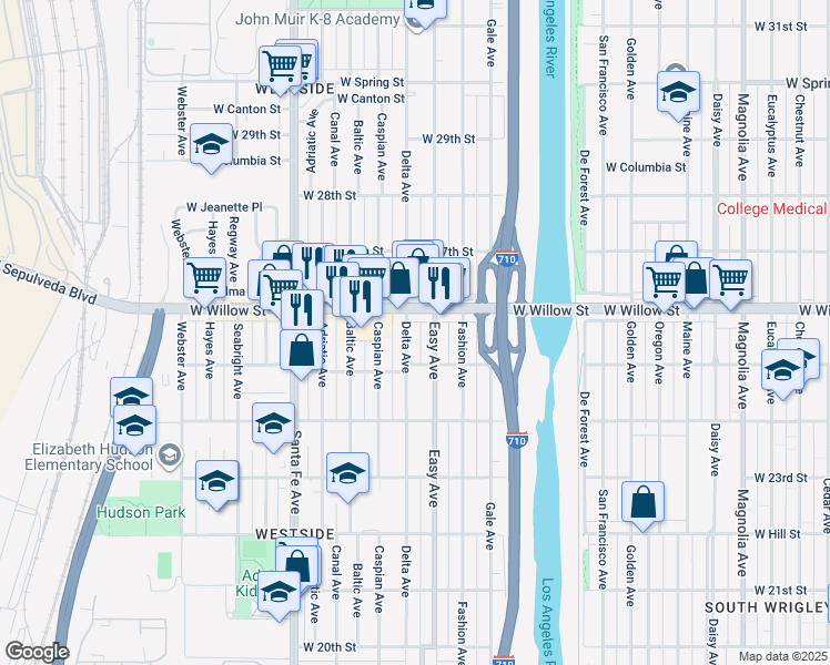 map of restaurants, bars, coffee shops, grocery stores, and more near 1366 West Willow Street in Long Beach